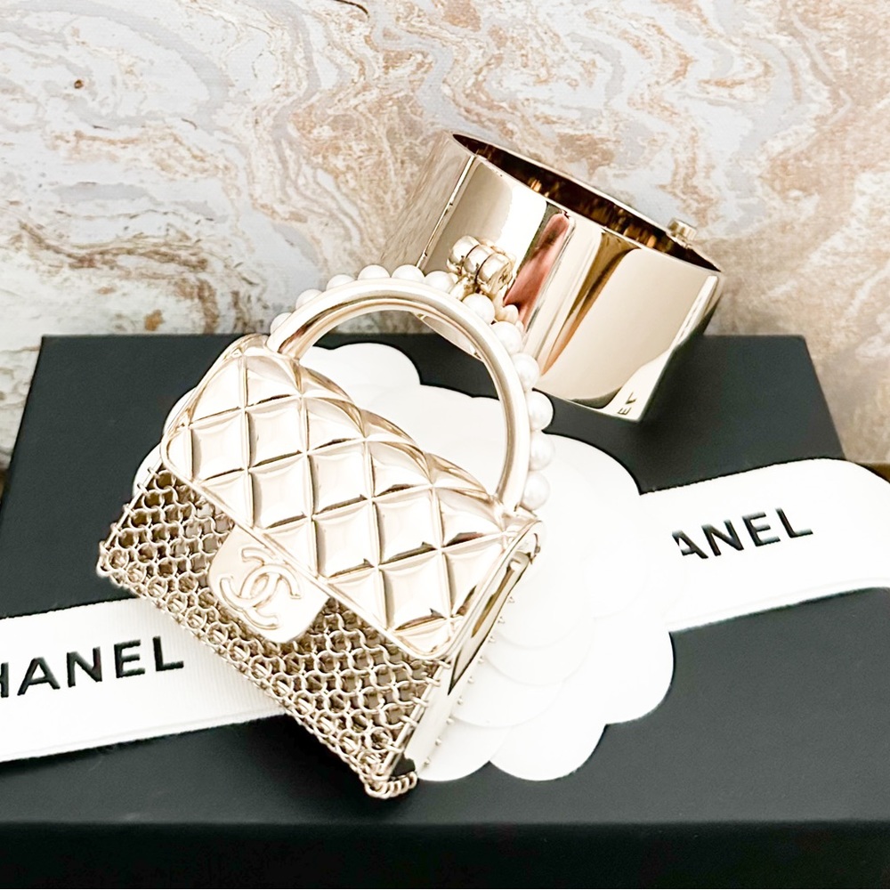 RUNWAY! Ltd Edition! Chanel Gold Metal Micro Pearl Bag Cuff